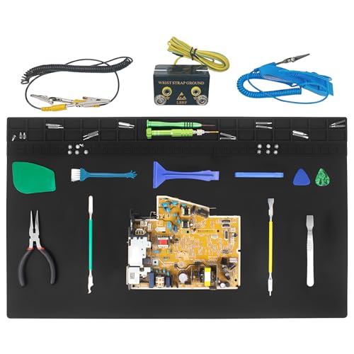 60cm x 35cm Tapis de soudure avec bracelet Grand Tapis de réparation en silicone Résistant aux hautes températures pour téléphone tablette ordinateur électronique réparation (Noir)