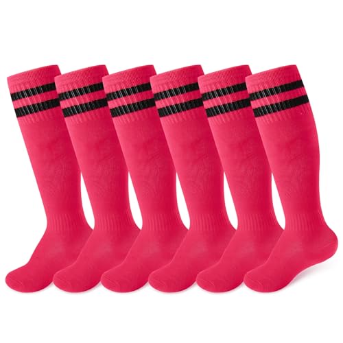 Unittype 6 Pairs Kids Toddler Soccer Socks Youth Stripes Football Socks Christmas Gift for Boys Girls 4-14 Years Old(Hot Pink, Medium)