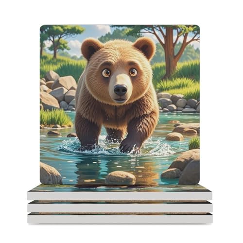 Dessous de verre absorbants en céramique avec support en liège et motif ours - 2