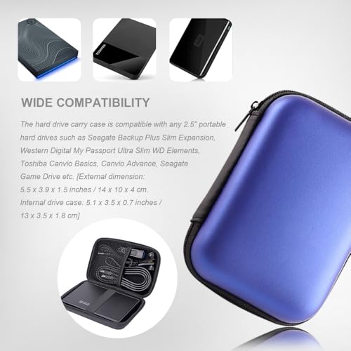 Hard Drive Carrying Case Storage Organizer Bag Multi-Purpose Universal Carry Pouch Compatible with Western Digital WD Elements Seagate, 2.5’’ EVA Shockproof Travel Case (Blue)