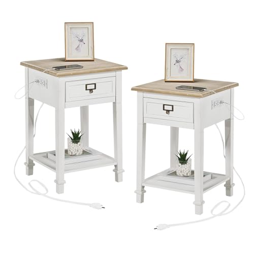 Wnutrees End Table with Charging Station,2 USB Ports and 2 Outlets,Nightstand Bedside Table with Drawer and Open Storage Shelf,for Living Room Bedroom,White,Set of 2