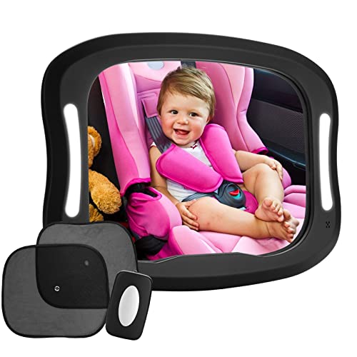 Image of FITNATE LED Baby Car Mirror, Safety Infant in Backseat 360°Adjustable Light Up Mirror for Baby Rear with Best Newborn Secure 4 Sturdy Strips,Remote Control and 2 Car Sun Visors