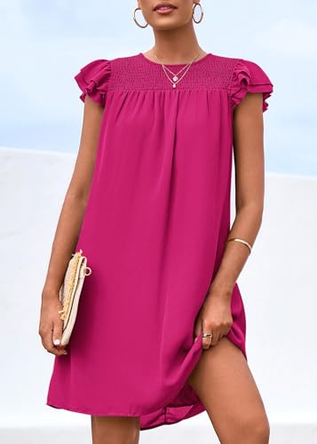 Image of KIRUNDO Women's Casual Dresses 2024 Summer Ruffle Cap Sleeve Smocked Crew Neck Tunic Shift Chiffon Short Dinner Party Dress(Rose Red, Medium)