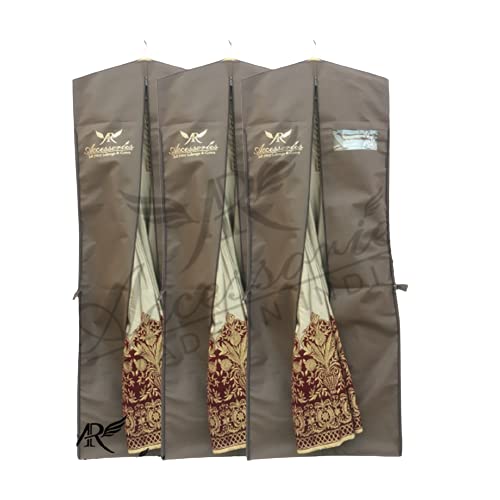 AR ACCESSORIES Non Woven Fabric Wedding Lehenga Gown Long Dress Garment Cover Bags with Front Zip L-65" with 12" Gudget (Brown)
