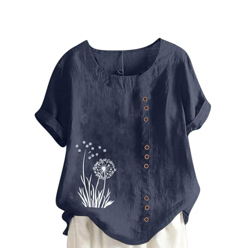Blusa de lino para mujer, de manga corta de gran tamaño, vintage, estampado de diente de león, tops de verano, tallas grandes, blusa de muselina, con botón decorativo, holgada, camiseta larga, blusas