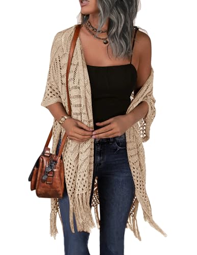 Image of HOTOUCH Womens Knit Cardigan Open Front Outwear Hollow Out Crochet Tassel Lightweight Kimonos Sweater S-XXL
