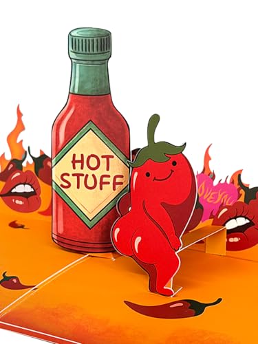 Coralogo Hot Stuff Pop up Cards for Men - 3D Funny Valentine's Day Cards for Husband Boyfriend Him, Naughty Spicy Chilli Pepper, Funny Dirty Gifts for Birthday Anniversary All Occasion from Wife Girlfriend