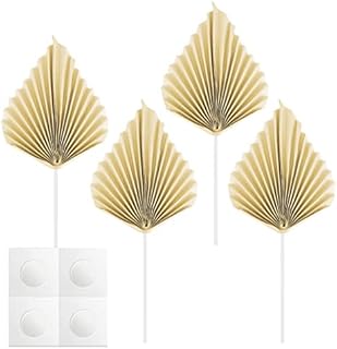 Udewo 4 Pcs Paper Palm Fan Cake Toppers, Palm Leaf Fan Cake Topper Palm Spear Leaf Cupcake Toppers Cake Insert Decoration for Cake Decorating DIY Craft Project Home Wedding Party Décor, Cream Color