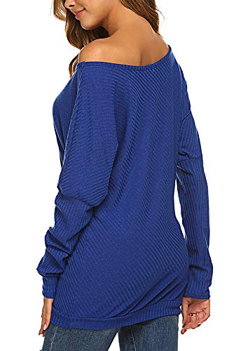 Qearal Off One Shoulder Sweater for Women Sexy Long Sleeve Casual Knit Loose Tops (XL, Blue)