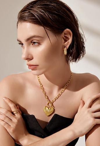 18K Gold Plated Heart Pendant Necklace Chunky Paperclip Choker Necklace for Women2