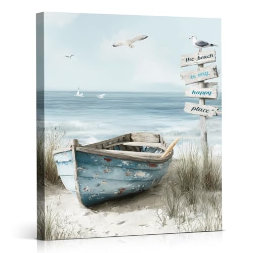 Coastal Beach Wall Art Ocean Boat Seagull Seascape Canvas Print Framed