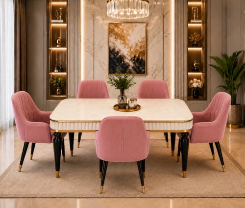 Image of 4 Seater Dining Table Set with Nano Composite Marble Top, Solid Wood Base & 4 Upholstered Chairs, Modern Dining Table Set for Home & Dining Room Furniture (Pink, White Marble Top, 4 Seater)