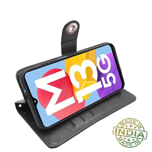 Image of Pikkme Samsung Galaxy M13 5G Flip Cover Leather Finish | Inside TPU with Card Pockets | Wallet Stand and Shock Proof | Complete Protection Button Flip Case (Black)
