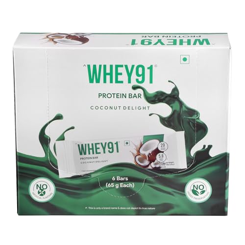 Image of Whey91 Coconut Delight Protein Bar, 20g Protein & 5.8g Fiber in each, No Added Preservatives, No Artificial Flavours, 390g- (Pack of 18)