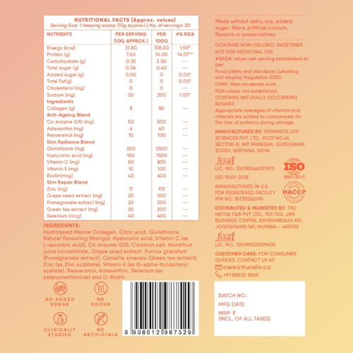 Image of Trunativ Collagen Supplements | Advanced Japanese Marine Collagen Powder for Women & Men | Type 1 and 3 Hydrolyzed Peptides | Supplement with Hyaluronic Acid | Supports Skin Glow, Hair Growth, and Nail Strength | Mango Citrus | 60g (Pack of 1)