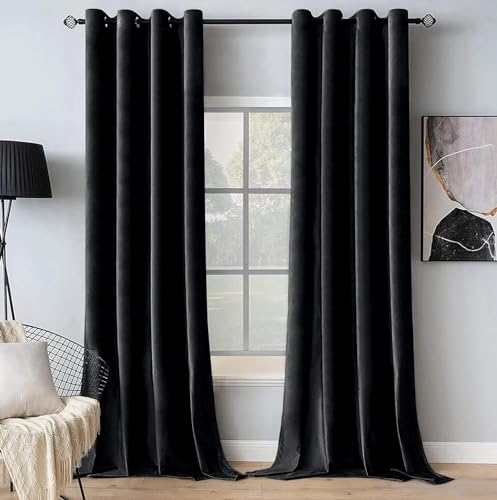 MIULEE Velvet Curtains Black Elegant Grommet Curtains Thermal Insulated Soundproof Room Darkening Curtains/Drapes for Classical Living Room Bedroom Decor 55 x 57 Inch Set of 2