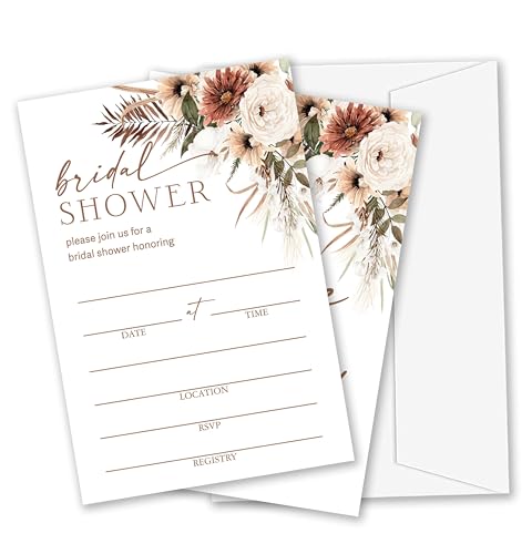 HJLLOQR Bridal Shower Invitations, 25 Sets Fall Wedding Invitation Cards with Envelopes, Boho Floral Wedding Shower Invites for Engagement Party Decorations Supplies (B10)