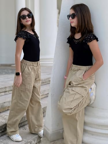 Image of Rolanko Girls Cargo Pants Wide Leg Streetwear Kids Pants with Pockets Trendy Jogger Trousers 4-14 Years