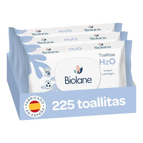Biolane - Toallitas de agua H2O Bebé, 225 Toallitas (3 Paquetes de 75 Unidades), 99% Ingredientes Naturales, Fibras 100% Vegetales, Bebés y recién nacidos, Piel Sensible, Fabricadas en España