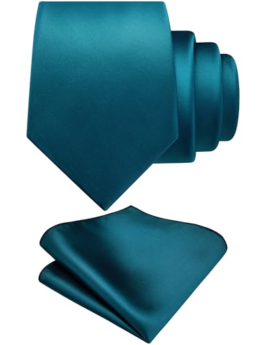 GUSLESON Teal Tie Set for Men Formal Business Silk Blend Necktie and Pocket Square Set for Wedding (6110-40)