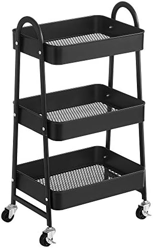 SONGMICS 3-Tier Rolling Cart, Metal Storage Cart, Kitchen Storage Trolley with 2 Brakes and Handles, Utility Cart, Easy Assembly, for Painting Utensils Bedroom Laundry Room, Black UBSC068B01
