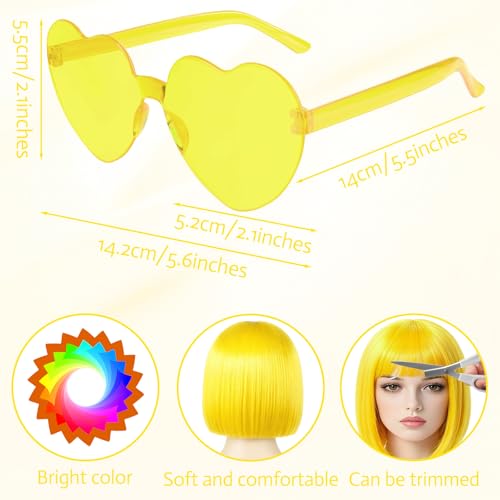 Image of MEEZY Yellow Bob Wig with Bangs Heart Sunglasses for Women, Neon Colored Bob Hair Funny Party Wig Synthetic Crazy Hair for Woman Man Halloween Costume Cosplay Bachelorette Party Supplies
