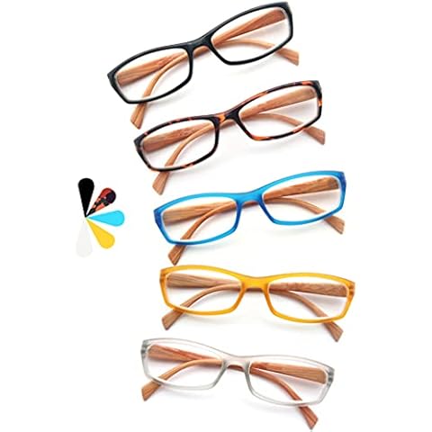 MODFANS 5 Pairs of Reading Glasses 1.5 Fashion Wood-Look Printed for Men Women,Rectangular Frame Comfort Spring Hinges,Readers Black-Blue-Tortoiseshell-Yellow-Grey Cover