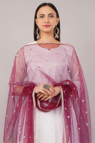 Image of Net Butti Dupatta for Women | Golden Lace Border Chunni | Butti Work Odhani | Wedding & Bridal Styling | Lightweight Drape | Kurti & Salwar Suit