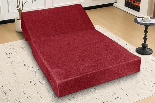 Image of Foldable 1 Seater Sofa Cum Bed, Sofa Bed 3 X 6 Feet, Jute Fabric- Washable Cover- Including One Cushion Perfect for Home & Office - Red Color
