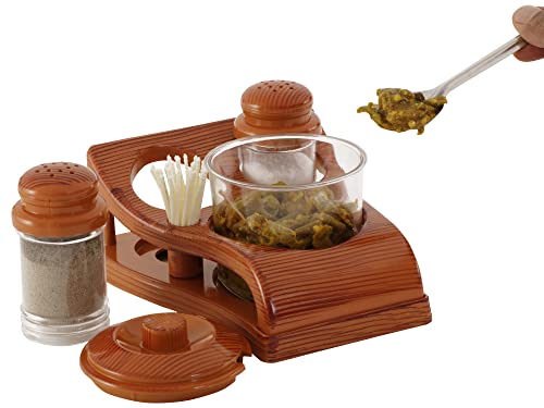 Image of Nabhya Complete Dining Table Set of Pickle Jars, Salt and Pepper Dispenser, Toothpick Holder and Spoon Holder(Wooden Look Design, Plastic) (Oscar)