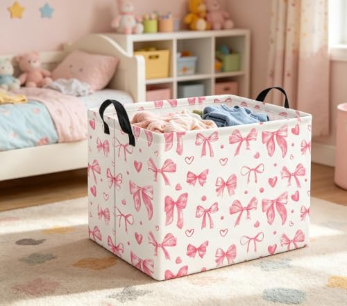 Image of Rectangular Valentines Basket for Women Girls Storage Bin Organizer Box Shelf Room Decor(Heart Bowknot)