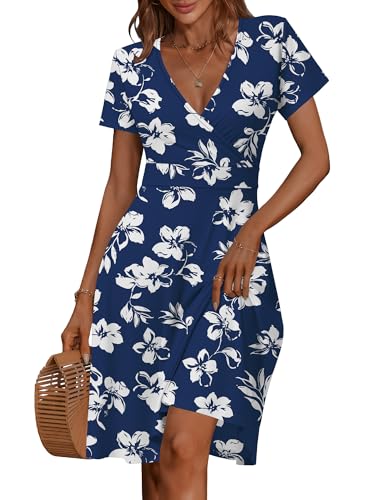 Image of MSBASIC Womens Summer Wrap V Neck Casual Dresses Floral Short Sleeve A-Line Midi Sundress