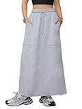 SOFIA'S CHOICE Women's Drawstring Maxi Skirt with Pockets High Waist A Line Long Skirts Grey Medium