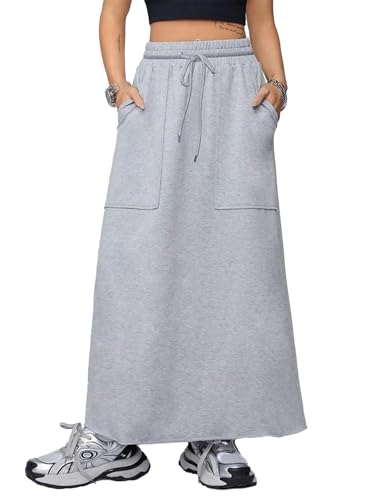 SOFIA'S CHOICE Women's Drawstring Maxi Skirt with Pockets High Waist A Line Long Skirts Grey Large