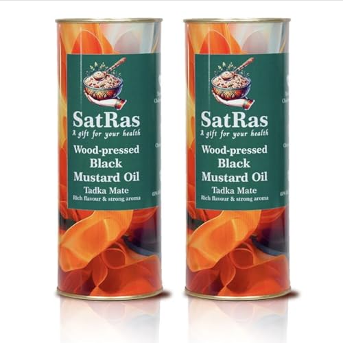 Image of SatRas Wood Pressed Mustard Oil 2 Ltr | Cold Pressed Kachi Ghani Sarso Oil | Wooden Kolhu Extracted Black Mustard Oil | Rich in Omega 3, 6 & Vitamin E, Unrefined, Chemical Free, Pure Indian Edible Oil