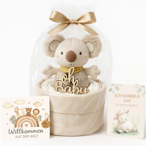 Tarta de pañales para niña y niño con koala Greifling – Boho Vintage [hecho a mano] – Regalo para nacimiento y baby shower – con bolsa organizadora, pañales premium y papel de regalo, tarta de pañales