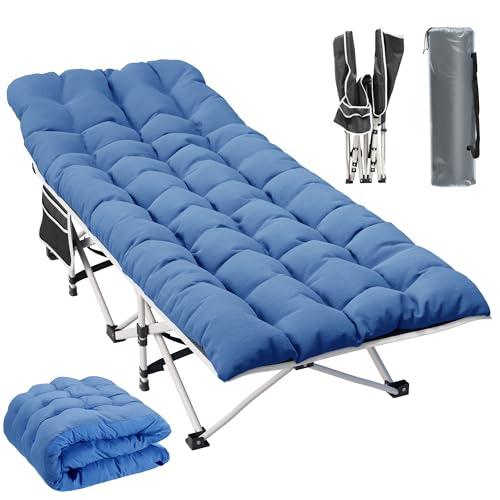 YITAHOME Camping Cots w/Mattress Portable Lounge Chair Outdoor Folding Cot Heavy Duty 575 LB Capacity 1200D Oxford w/Carry Bag Travel Camp Bed for Camping, Office, Traveling, Navy Blue