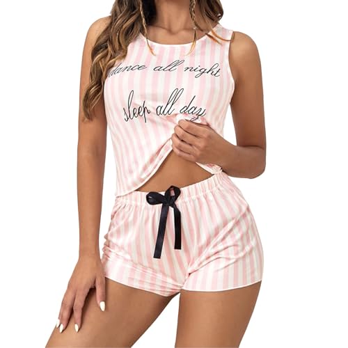 Pigiama Corto Donna Sexy con Spalline Leggeri Curvy Loungewear Completo Morbido Comodo per Casa Due Pezzi Sleepwear Pigiama Senza Maniche Set Canottiera e Pantaloncini Biancheria da Notte
