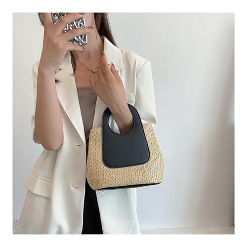 Bolso tote retro de paja para mujer, bolso de mano tejido con bloques de color, bolso grande con asas superiores y bandolera para primavera y verano miniatura 6