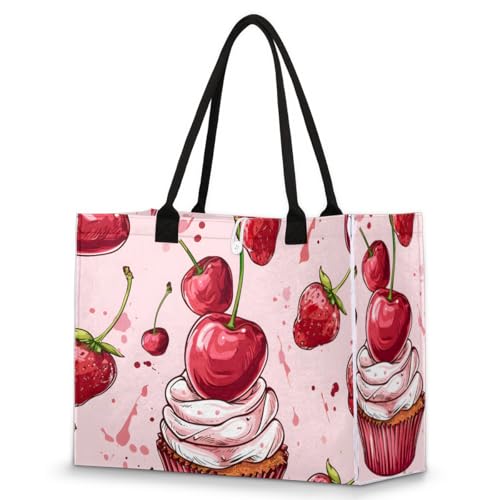 Pink Cake Cherry Tote Bag for Women Large Beach Bag Reusable Tote Bags for Work Travel Beach Shopping