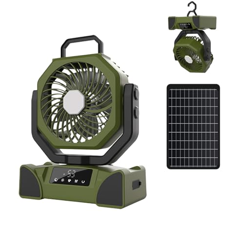 Camping Ventilador Portatil 20000mAh,Gancho Plegable,Traer Pantalla Táctil, Control Remoto, Función de Sincronización, 5 Velocidades de Viento,3 Colores y 3 Marchas LED, Método de Carga Dual USB+Solar