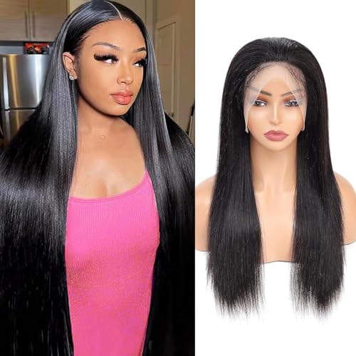 Perruque cheveux humains raides densité 200 avec dentelle frontale HD et nœuds décolorés