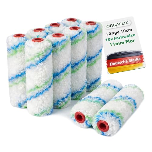 ORGAFLIX Profi Farbwalze 10cm - 10 Stück - Ideal für alle Untergründe - Florhöhe ca. 11mm, Kern 15mm, Farbroller Wandfarbe, Malerrolle klein, Farbrolle, Malerwalze, Maler-Zubehör, Maler-Set