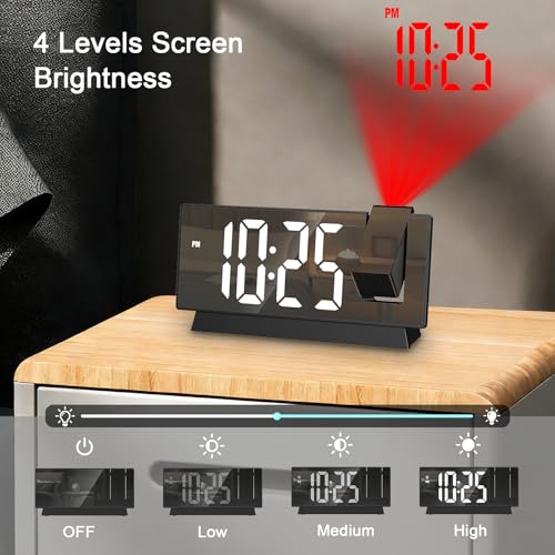 Projection Alarm Clock, Large Screen Projector Clock for Bedroom Ceiling, Digital Clock with 180° Projector, 4 Levels Brightness, Alarm Clock Projector with Temperature Date Snooze 12H/24H - Image 4