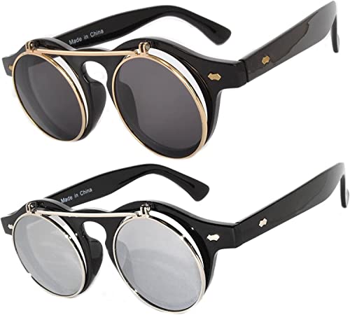 OWL 2 Pack Flip Up Steampunk Vintage Retro Round Circle Gothic Hippie Colored Plastic Frame Sunglasses