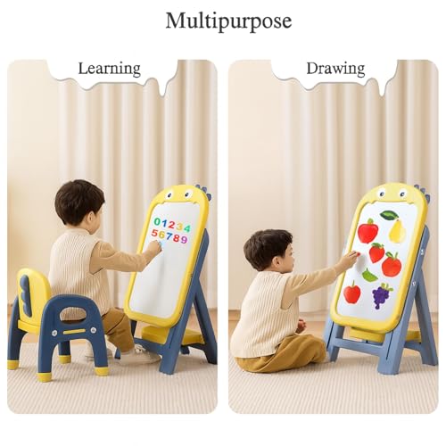 Image of Little Olive Kids Chair and Drawing Board with Easel Plastic Activity Table | Multi Functional Station for Toddler Learning and Art Play | DIY Yellow Set for Ages 3 to 7