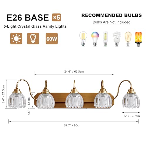 Image of Vintage Gold Bathroom Light Fixtures,5 Light Tulip Crystal | Brushed Gold Vanity Lights,Matte Antique Brass Finish, Mid Century Style, Wall Sconces for Bedroom, Easy to Install