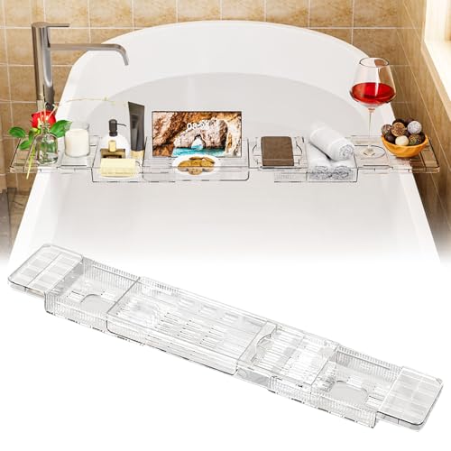 Plateau Baignoire, Pont de Baignoire Extensible, Pont de Baignoire en Acrylique, Contenir Un Téléphone, Un Ipad, Verre à Vin, avec Accessoires de Salle de Bain