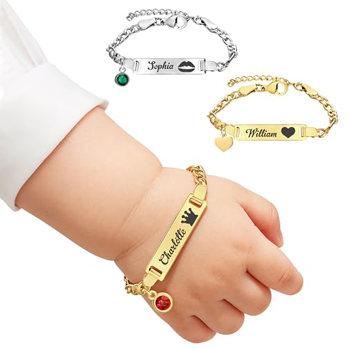UIDMEN Pulsera personalizada chapada en oro de 18 quilates con nombre de bebé, pulsera de protección de identificación de bebé, longitud ajustable, pulsera de bautizo para bebé, pulseras de piedra