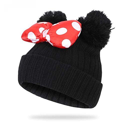 Toddler Girls Winter Beanie Hats With Pom Poms Warm Knit Baby Cap With Cute Mouse Ears Bowknot Black #TOP1